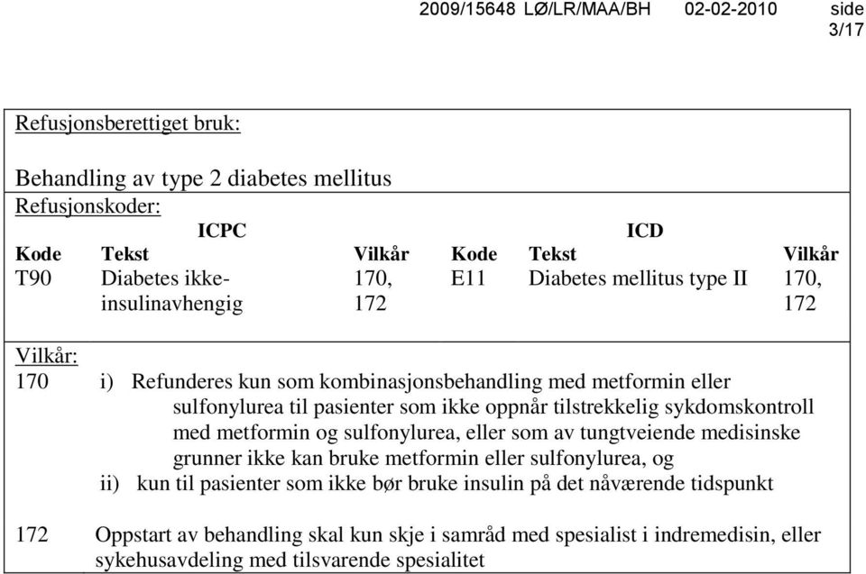 sykdomskontroll med metformin og sulfonylurea, eller som av tungtveiende medisinske grunner ikke kan bruke metformin eller sulfonylurea, og ii) kun til pasienter som ikke