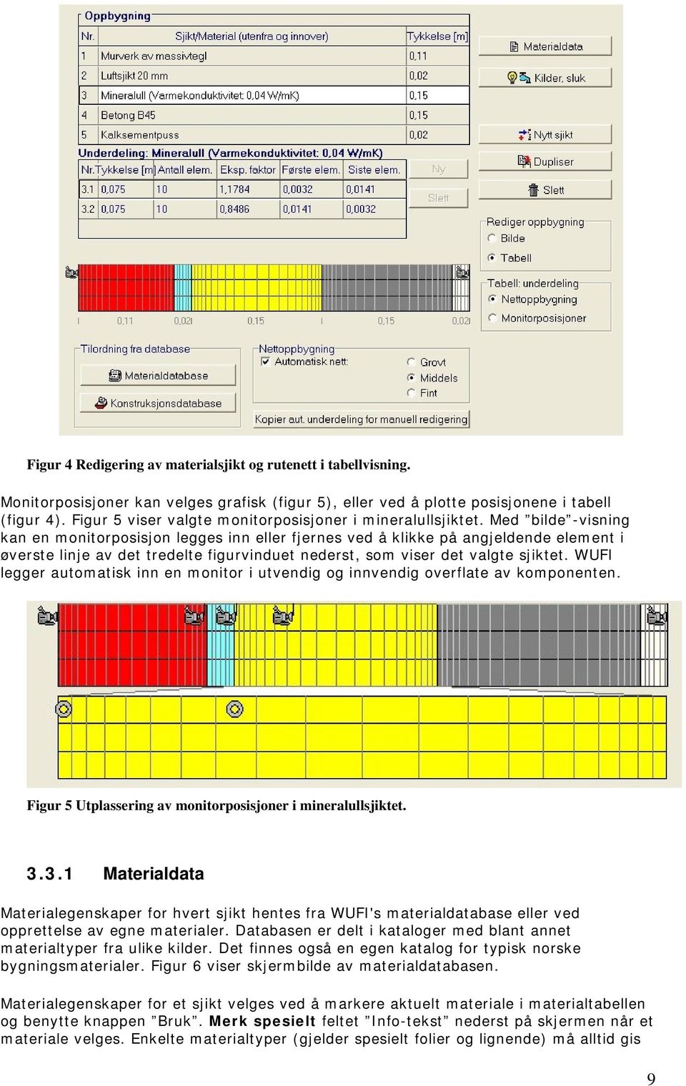 Med bilde -visning kan en monitorposisjon legges inn eller fjernes ved å klikke på angjeldende element i øverste linje av det tredelte figurvinduet nederst, som viser det valgte sjiktet.