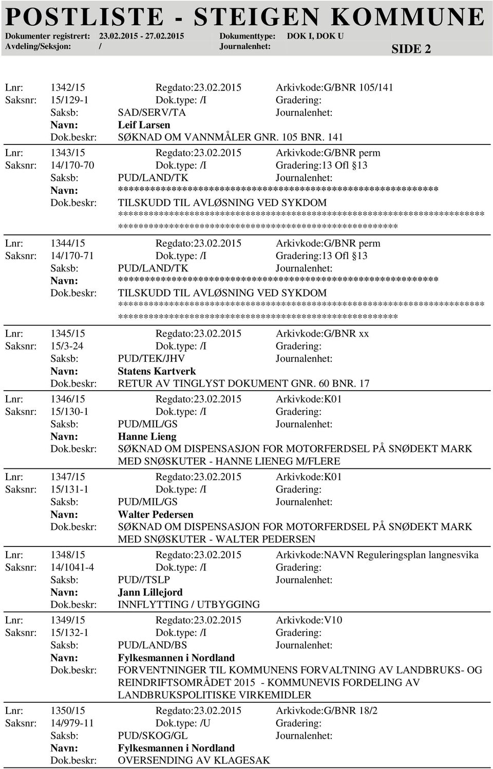 type: /I Gradering:13 Ofl 13 ***** TILSKUDD TIL AVLØSNING VED SYKDOM Lnr: 1345/15 Regdato:23.02.2015 Arkivkode:G/BNR xx Saksnr: 15/3-24 Dok.