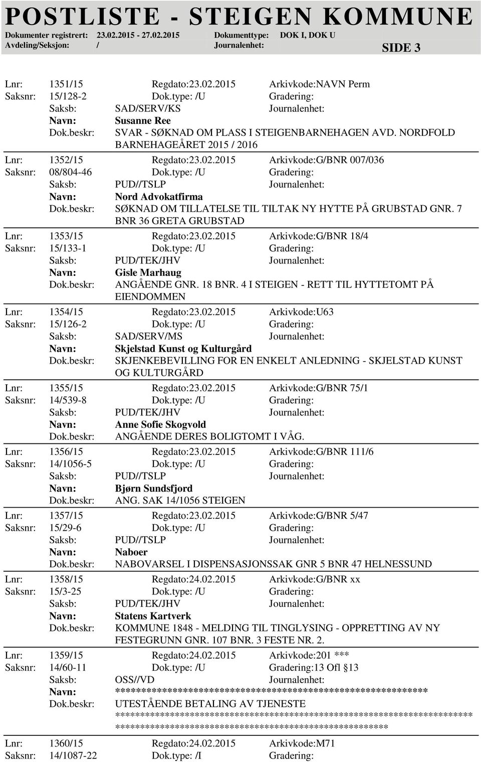 type: /U Gradering: Nord Advokatfirma SØKNAD OM TILLATELSE TIL TILTAK NY HYTTE PÅ GRUBSTAD GNR. 7 BNR 36 GRETA GRUBSTAD Lnr: 1353/15 Regdato:23.02.2015 Arkivkode:G/BNR 18/4 Saksnr: 15/133-1 Dok.