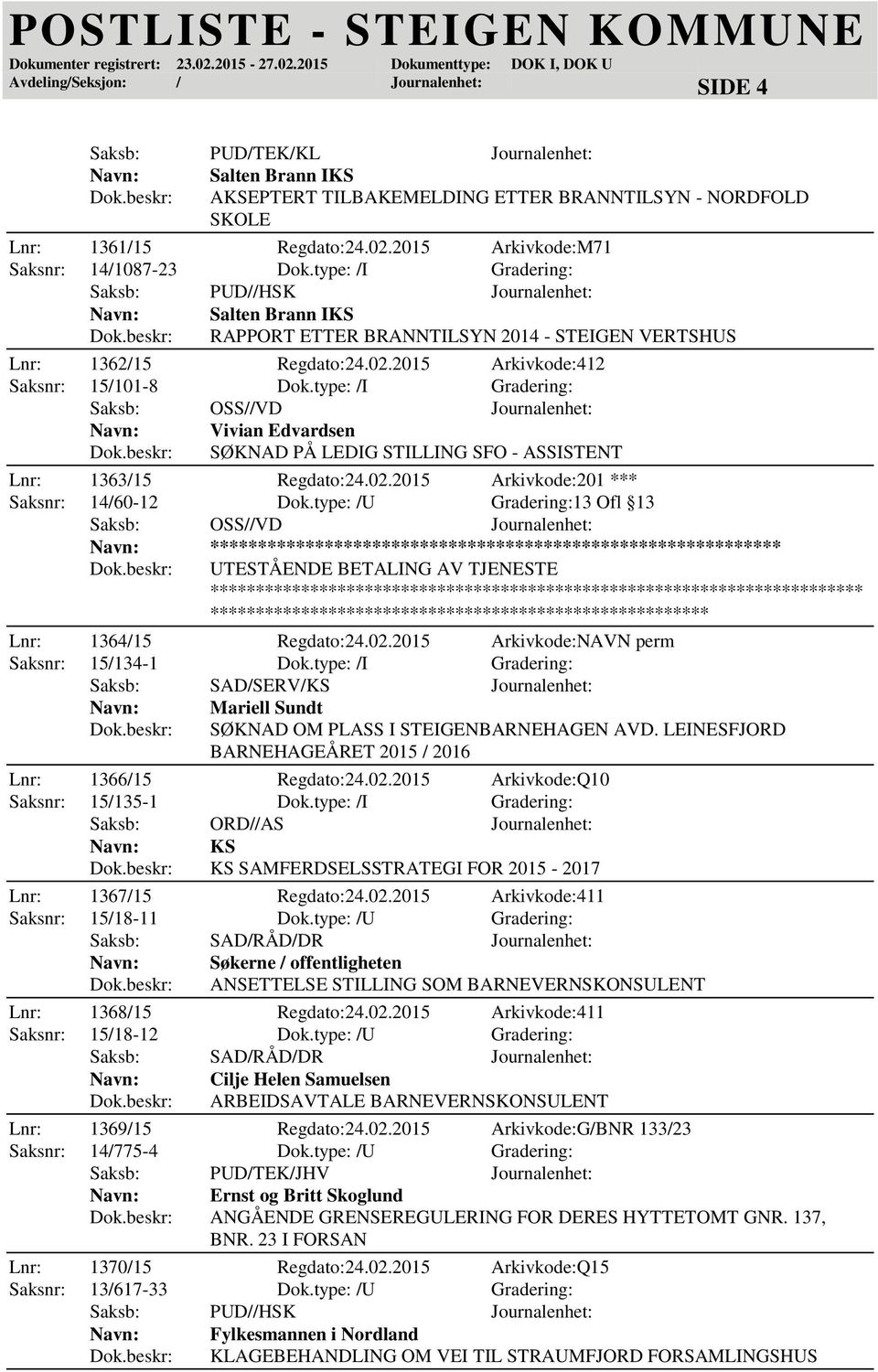 type: /I Gradering: Saksb: OSS//VD Journalenhet: Vivian Edvardsen SØKNAD PÅ LEDIG STILLING SFO - ASSISTENT Lnr: 1363/15 Regdato:24.02.2015 Arkivkode:201 *** Saksnr: 14/60-12 Dok.