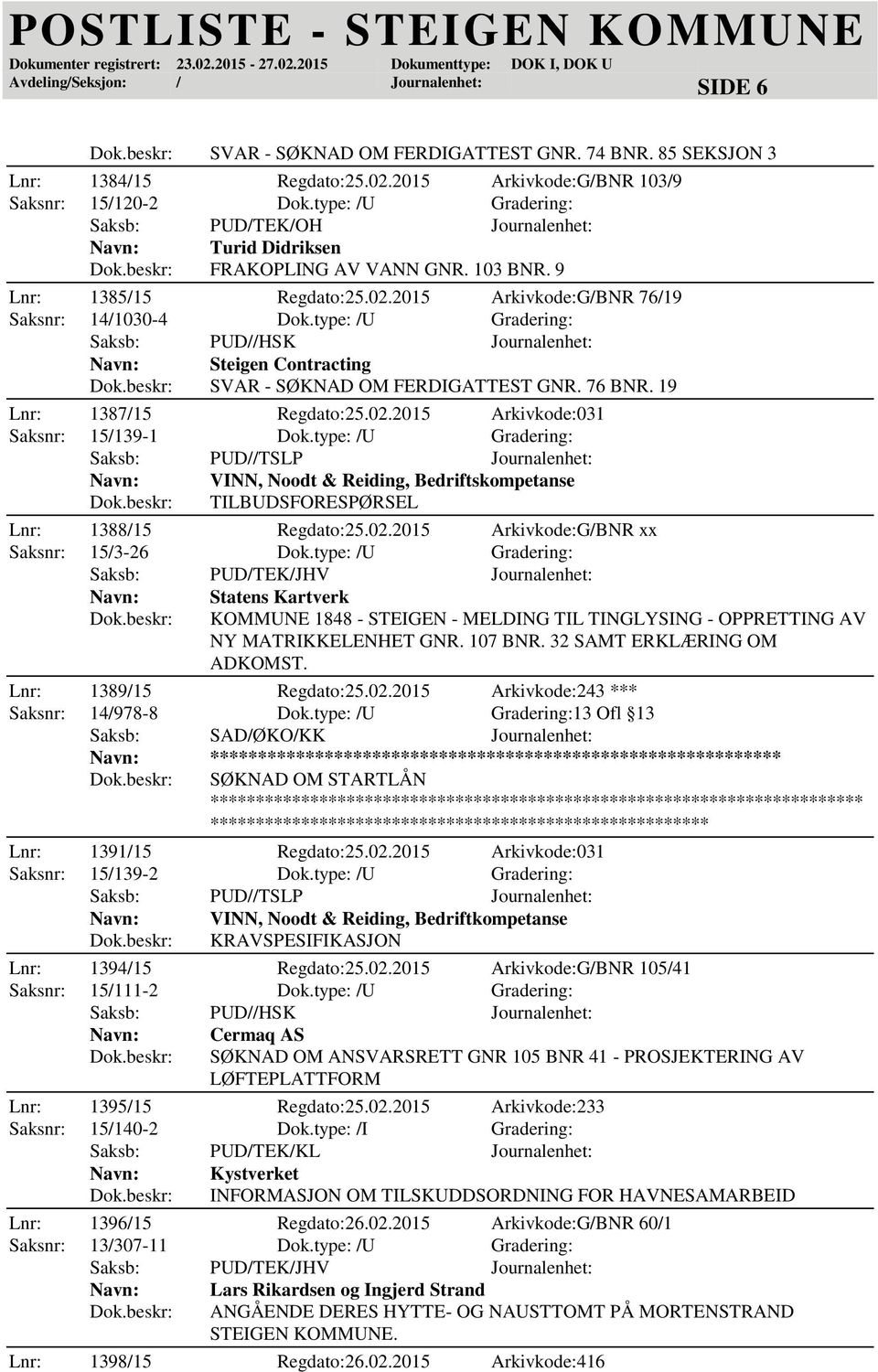 type: /U Gradering: Steigen Contracting SVAR - SØKNAD OM FERDIGATTEST GNR. 76 BNR. 19 Lnr: 1387/15 Regdato:25.02.2015 Arkivkode:031 Saksnr: 15/139-1 Dok.