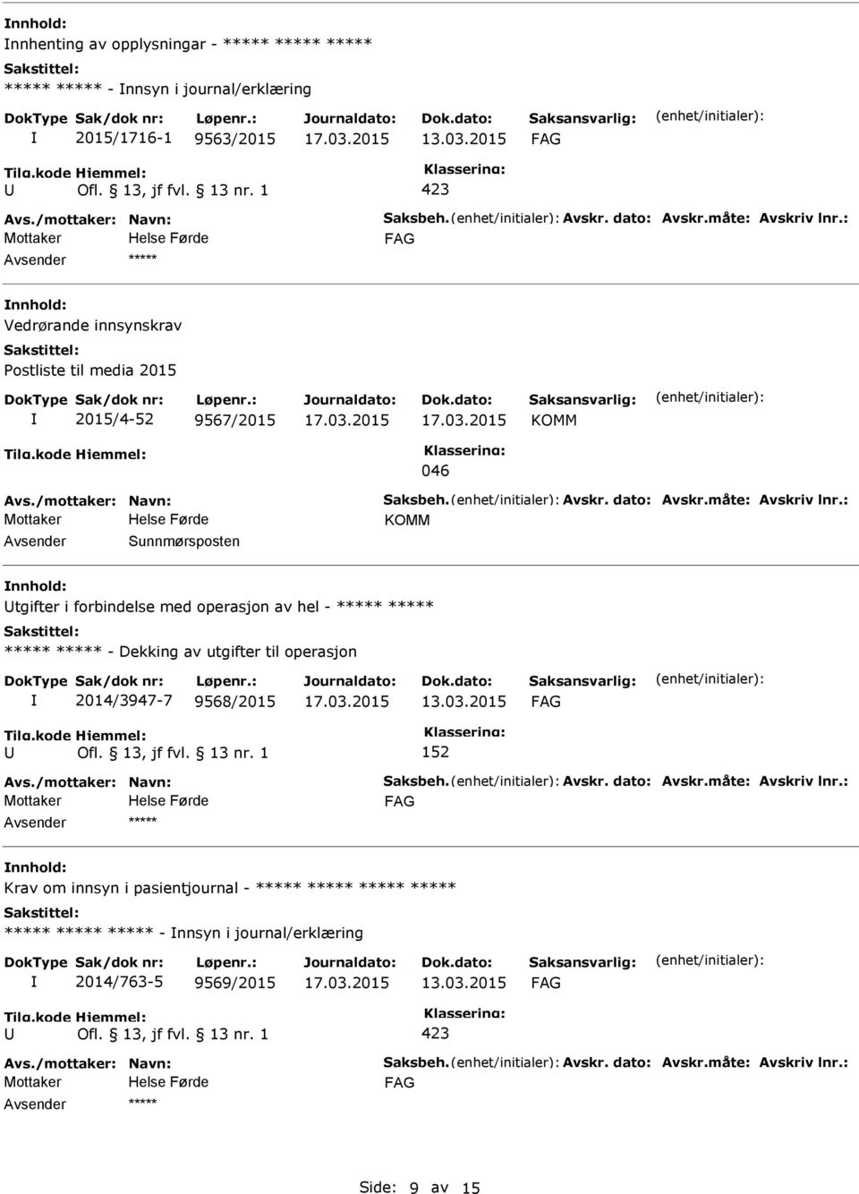 : KOMM Sunnmørsposten tgifter i forbindelse med operasjon av hel - ***** ***** ***** ***** - Dekking av utgifter til operasjon 2014/3947-7 9568/2015 13.03.2015 152 Avs./mottaker: Navn: Saksbeh. Avskr.