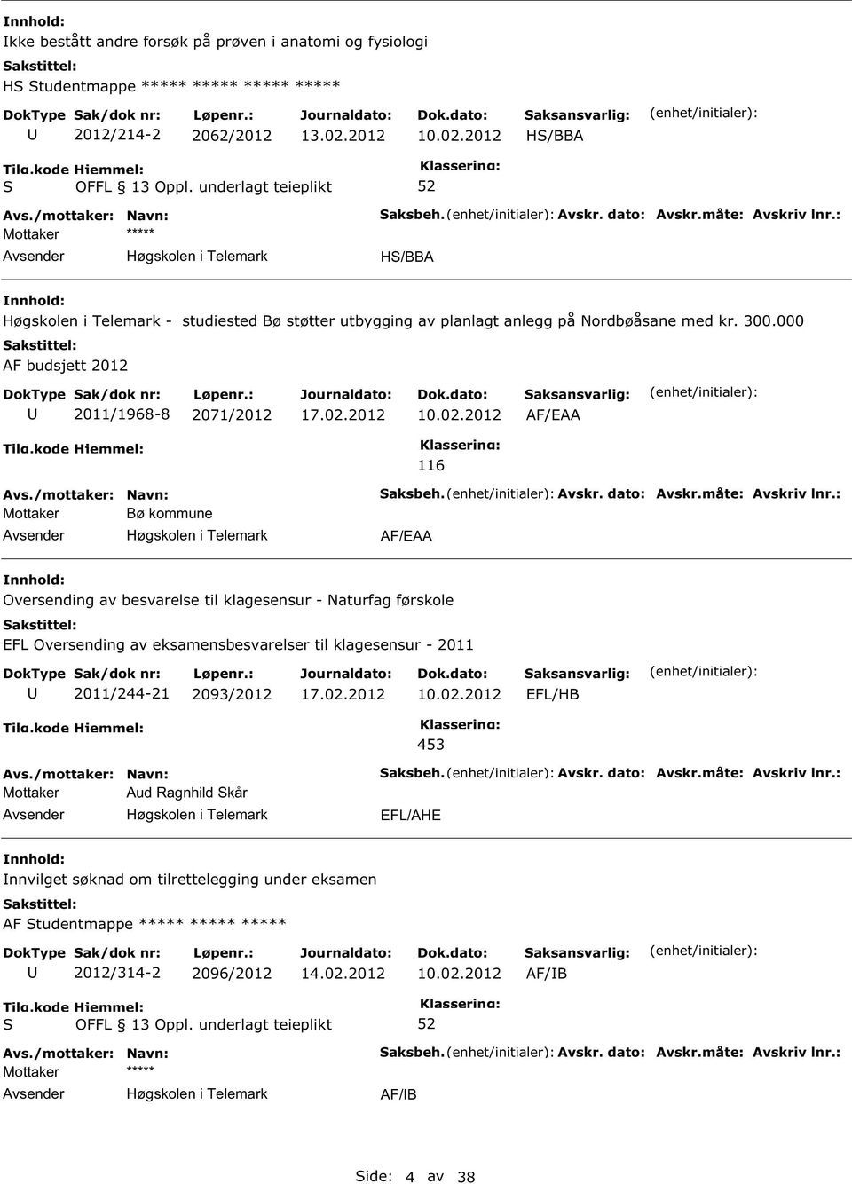 2012 AF/EAA Mottaker Bø kommune 116 aksbeh. Avskr. dato: Avskr.måte: Avskriv lnr.