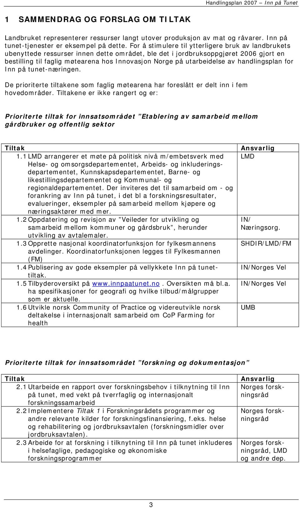 utarbeidelse av handlingsplan for Inn på tunet-næringen. De prioriterte tiltakene som faglig møtearena har foreslått er delt inn i fem hovedområder.