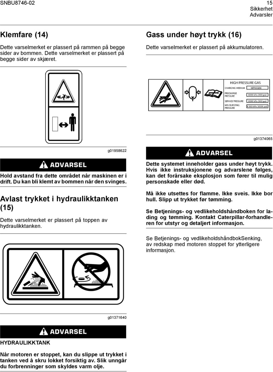 Avlast trykket i hydraulikktanken (15) Dette varselmerket er plassert på toppen av hydraulikktanken. Dette systemet inneholder gass under høyt trykk.