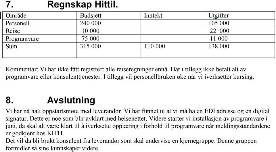 Har i tillegg ikke betalt alt av programvare eller konsulenttjenester. I tillegg vil personellbruken øke når vi iverksetter kursing. 8. Avslutning Vi har nå hatt oppstartsmøte med leverandør.