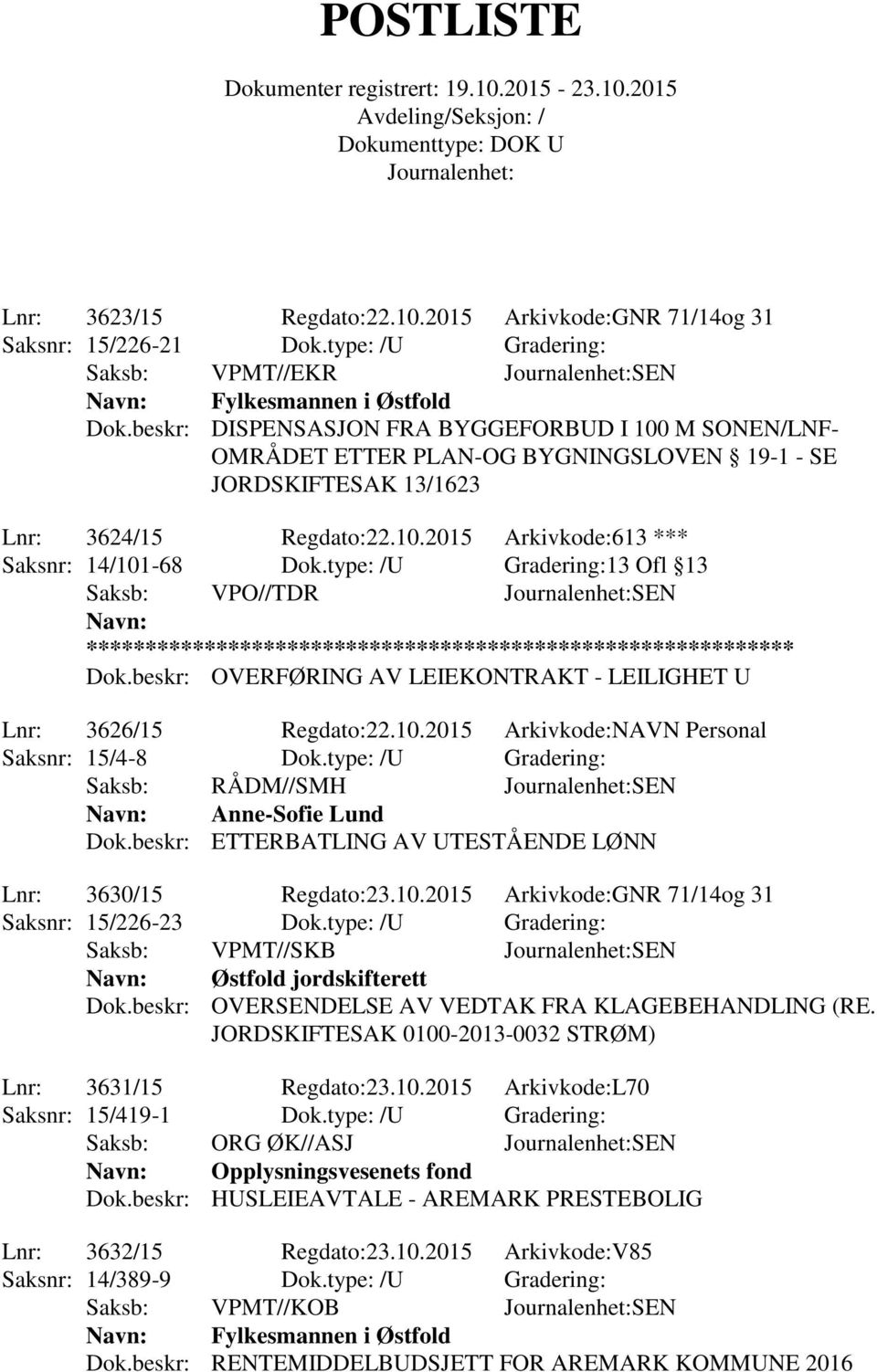 type: /U Gradering:13 Ofl 13 Saksb: VPO//TDR SEN Dok.beskr: OVERFØRING AV LEIEKONTRAKT - LEILIGHET U Lnr: 3626/15 Regdato:22.10.2015 Arkivkode:NAVN Personal Saksnr: 15/4-8 Dok.