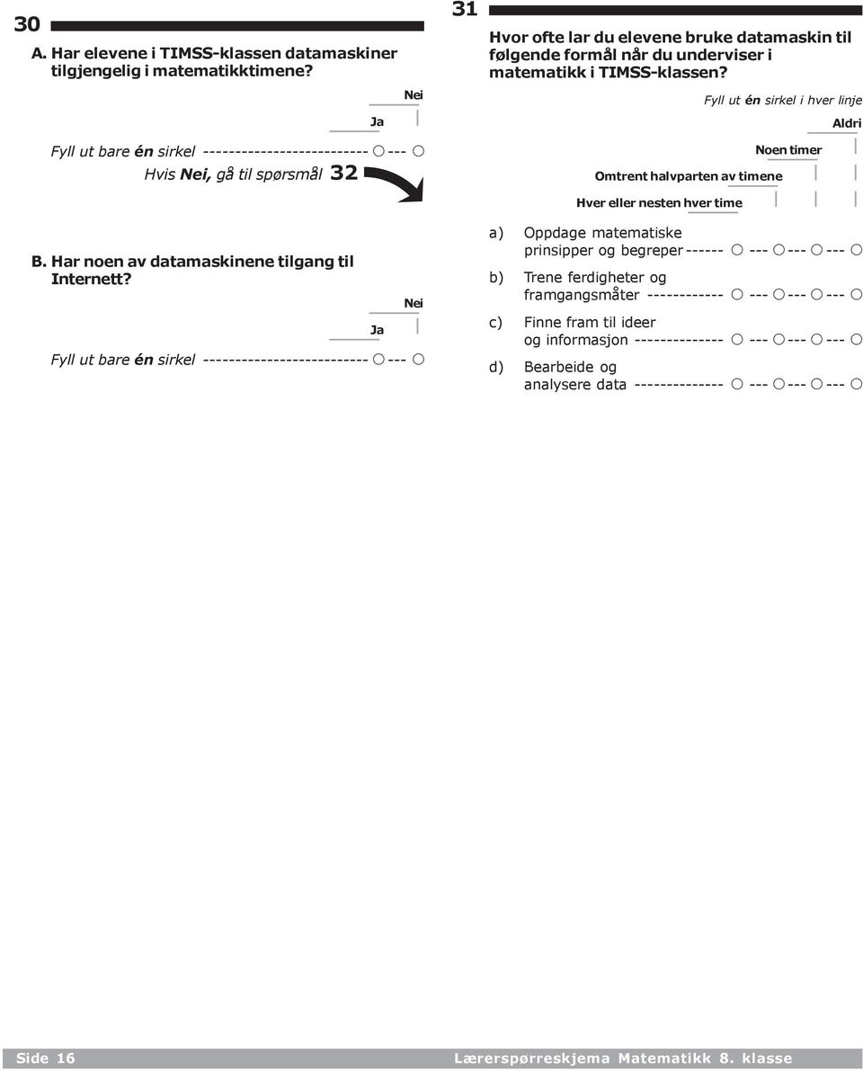 Ja Nei -------------------------- A--- A Ja 31 Hvor ofte lar du elevene bruke datamaskin til følgende formål når du underviser i matematikk i TIMSS-klassen?