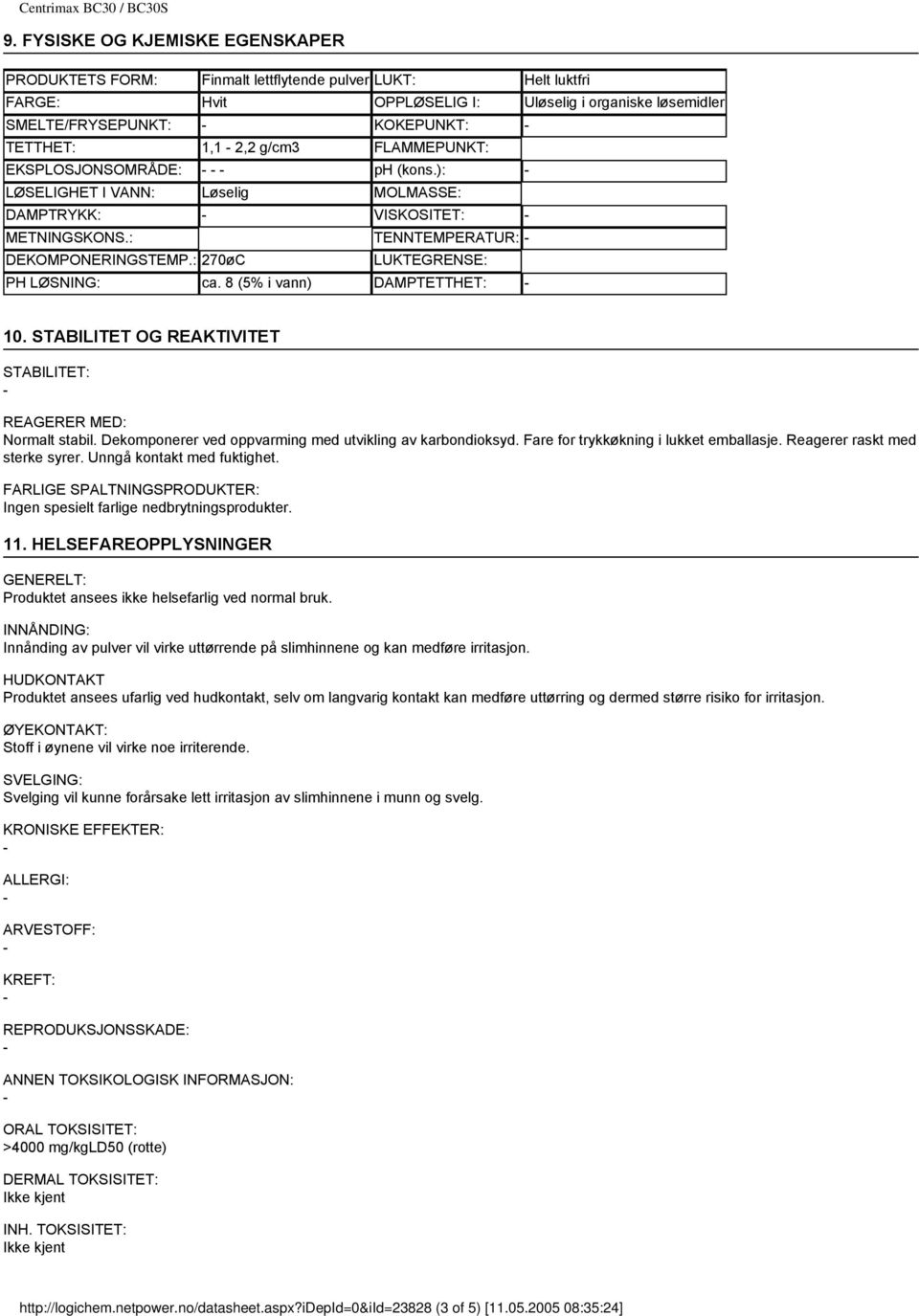 8 (5% i vann) DAMPTETTHET: 10. STABILITET OG REAKTIVITET STABILITET: REAGERER MED: Normalt stabil. Dekomponerer ved oppvarming med utvikling av karbondioksyd. Fare for trykkøkning i lukket emballasje.