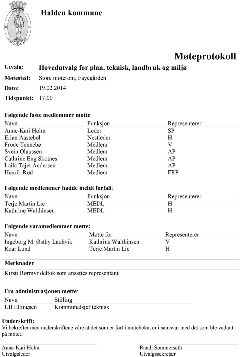 Nestleder H Frode Tennebø Medlem V Svein Olaussen Medlem AP Cathrine Eng Skotnes Medlem AP Laila Tajet Andersen Medlem AP Henrik Rød Medlem FRP Følgende medlemmer hadde meldt forfall: Navn Funksjon