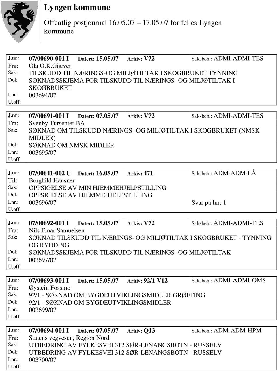 07 Arkiv: V72 Saksbeh.: ADMI-ADMI-TES Fra: Svenby Tursenter BA Sak: SØKNAD OM TILSKUDD NÆRINGS- OG MILJØTILTAK I SKOGBRUKET (NMSK MIDLER) Dok: SØKNAD OM NMSK-MIDLER Lnr.: 003695/07 J.