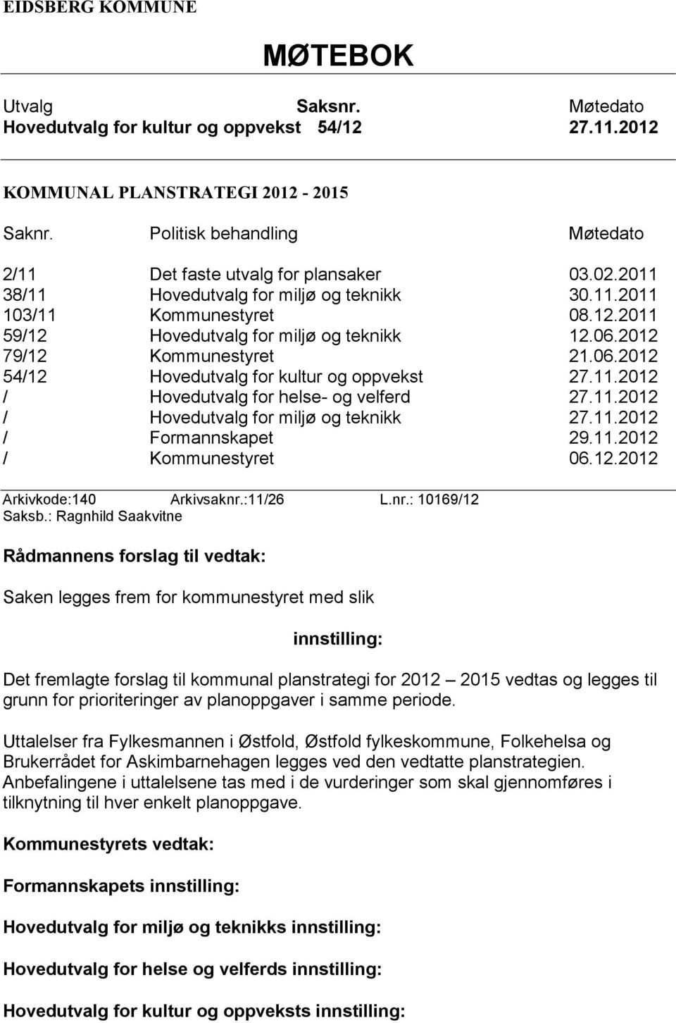 06.2012 79/12 Kommunestyret 21.06.2012 54/12 Hovedutvalg for kultur og oppvekst 27.11.2012 / Hovedutvalg for helse- og velferd 27.11.2012 / Hovedutvalg for miljø og teknikk 27.11.2012 / Formannskapet 29.