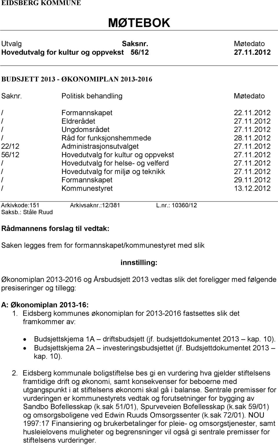 11.2012 / Hovedutvalg for miljø og teknikk 27.11.2012 / Formannskapet 29.11.2012 / Kommunestyret 13.12.2012 Arkivkode:151 Arkivsaknr.:12/381 L.nr.: 10360/12 Saksb.