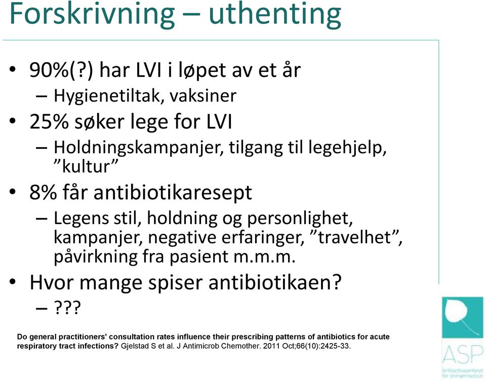 antibiotikaresept Legens stil, holdning og personlighet, kampanjer, negative erfaringer, travelhet, påvirkning fra pasient m.m.m. Hvor mange spiser antibiotikaen?