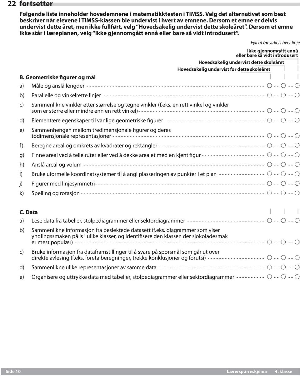 Dersom et emne ikke står i læreplanen, velg Ikke gjennomgått ennå eller bare så vidt introdusert.