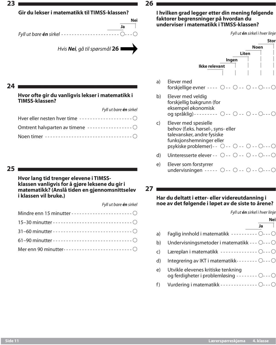 TIMSS-klassen? Ingen Ikke relevant Noen Liten Stor 24 25 Hvor ofte gir du vanligvis lekser i matematikk i TIMSS-klassen?