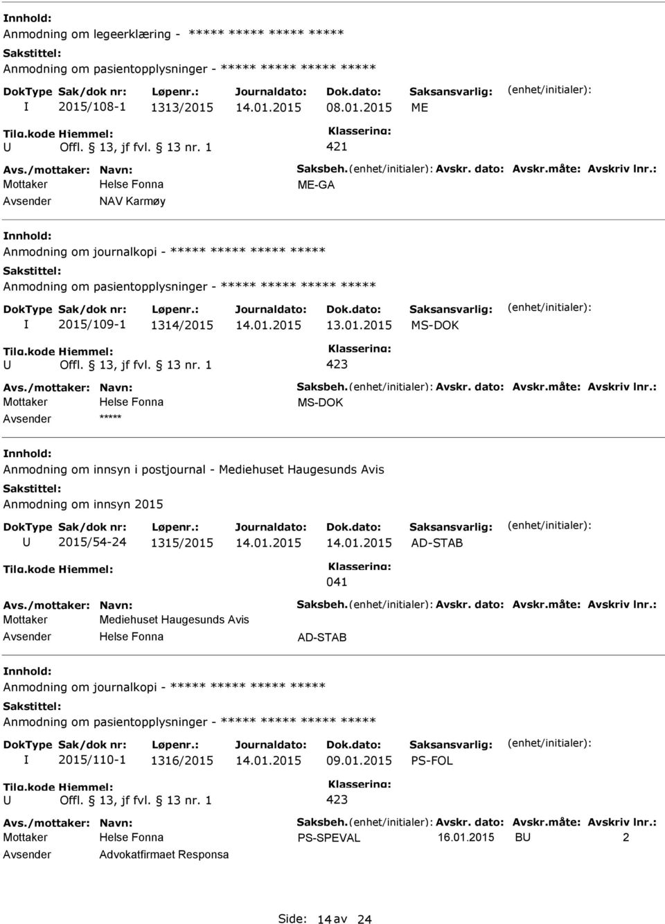 01.2015 423 ***** Anmodning om innsyn i postjournal - Mediehuset Haugesunds Avis Anmodning om innsyn 2015 2015/54-24 1315/2015 AD-STAB 041 Mottaker Mediehuset Haugesunds