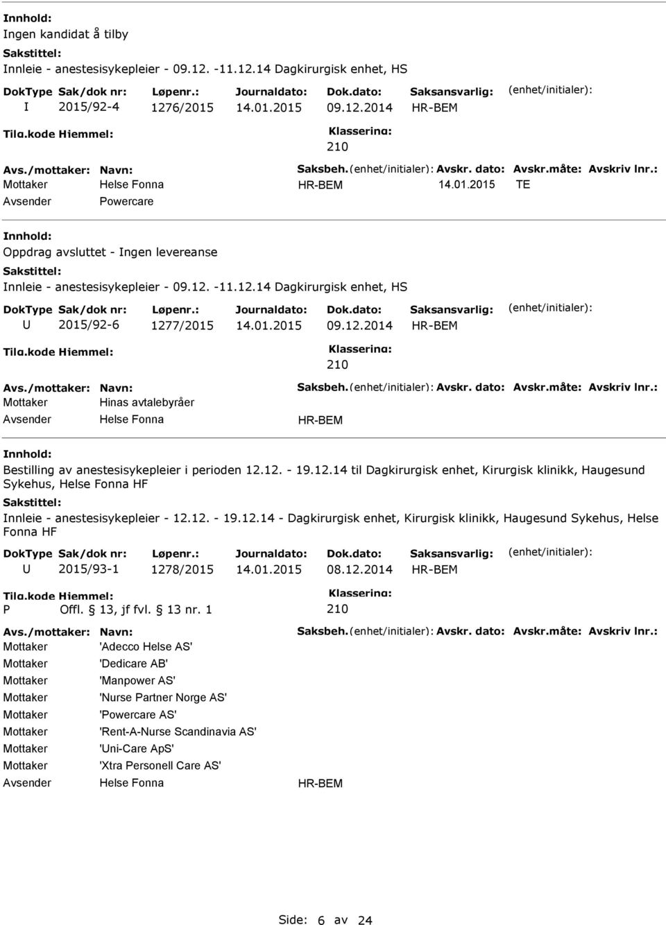 12. - 19.12.14 - Dagkirurgisk enhet, Kirurgisk klinikk, Haugesund Sykehus, Helse Fonna HF 2015/93-1 1278/2015 08.12.2014 210 Mottaker 'Adecco Helse AS' Mottaker Mottaker Mottaker Mottaker Mottaker