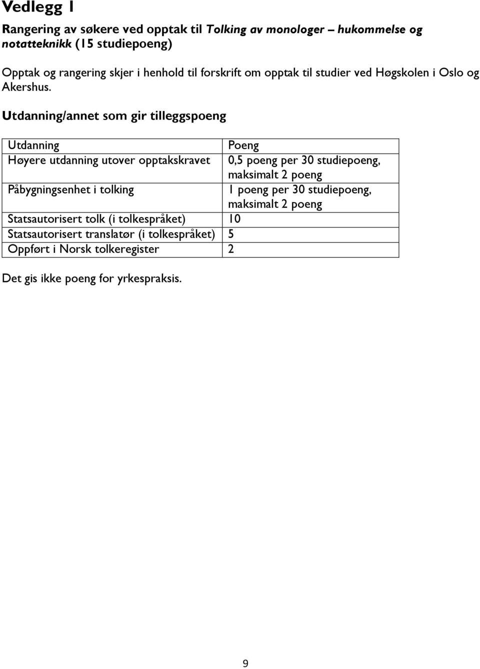 Utdanning/annet som gir tilleggspoeng Utdanning Høyere utdanning utover opptakskravet Påbygningsenhet i tolking Statsautorisert tolk (i