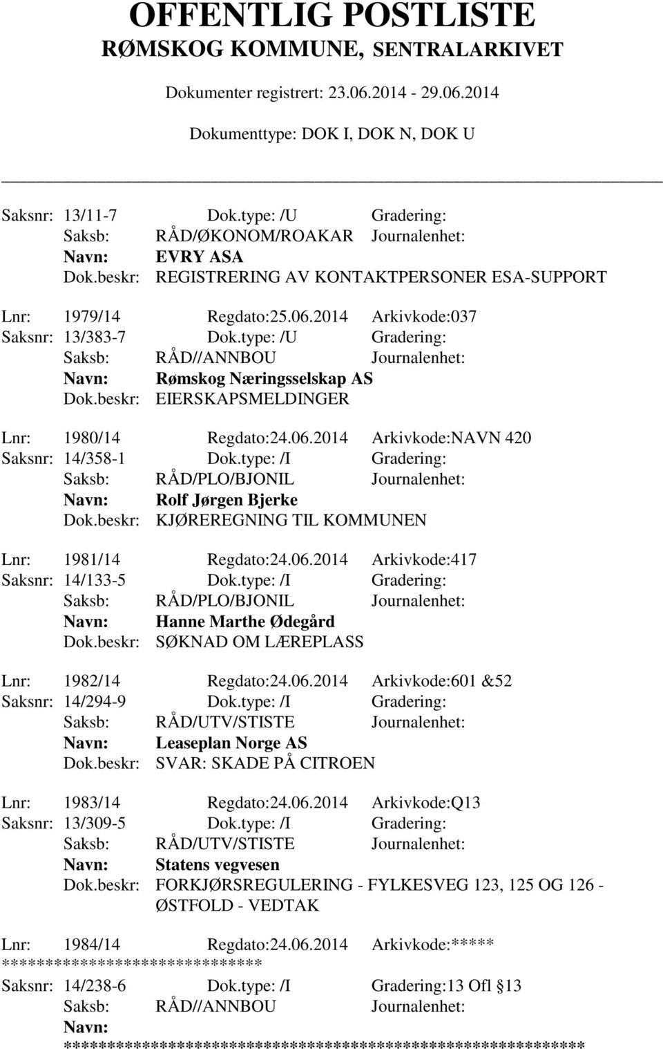 type: /I Gradering: Saksb: RÅD/PLO/BJONIL Journalenhet: Rolf Jørgen Bjerke Dok.beskr: KJØREREGNING TIL KOMMUNEN Lnr: 1981/14 Regdato:24.06.2014 Arkivkode:417 Saksnr: 14/133-5 Dok.