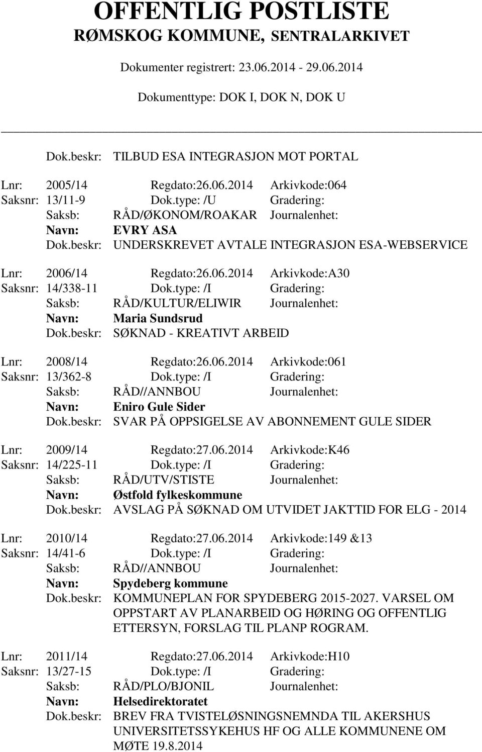 type: /I Gradering: Eniro Gule Sider Dok.beskr: SVAR PÅ OPPSIGELSE AV ABONNEMENT GULE SIDER Lnr: 2009/14 Regdato:27.06.2014 Arkivkode:K46 Saksnr: 14/225-11 Dok.