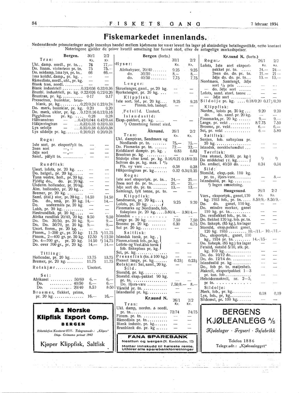 ing har funnet sted, eller de antagelige markedsprfser. Bergen. 30/ 2/2 Bergen (forts.) Kr.sund N. (forts.) T ran: Kr. Kc 30/ 2/2 Ro g n:j 26/J 2/2 UkL damp. nord!., pr. tn... 76 77. "H Y ser: Kr. Kr. Lofots, lste sort eksport Kr.