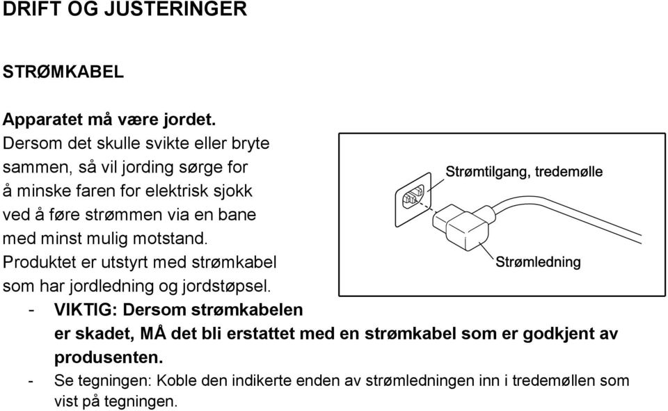 via en bane med minst mulig motstand. Produktet er utstyrt med strømkabel som har jordledning og jordstøpsel.