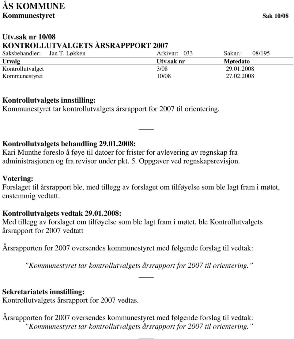 2008: Kari Munthe foreslo å føye til datoer for frister for avlevering av regnskap fra administrasjonen og fra revisor under pkt. 5. Oppgaver ved regnskapsrevisjon.