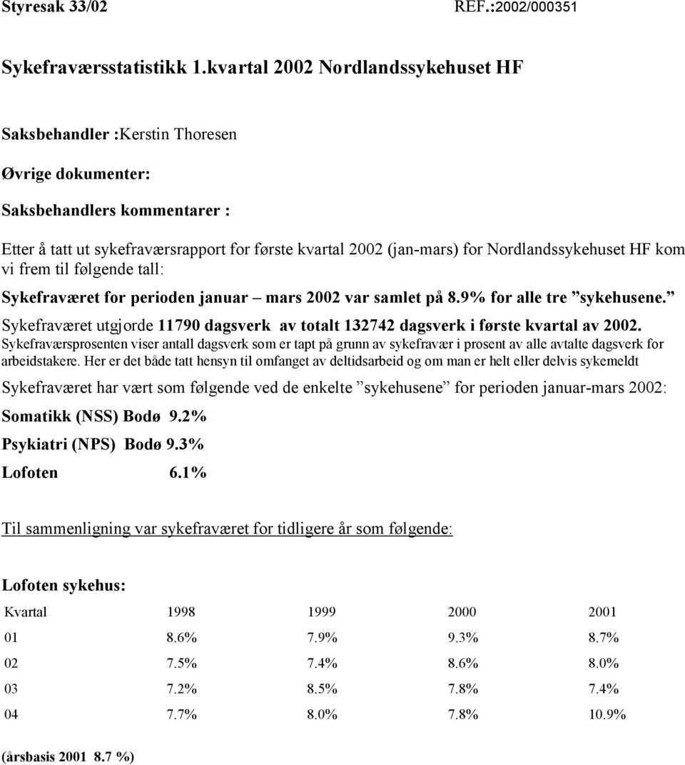 Nordlandssykehuset HF kom vi frem til følgende tall: Sykefraværet for perioden januar mars 2002 var samlet på 8.9% for alle tre sykehusene.