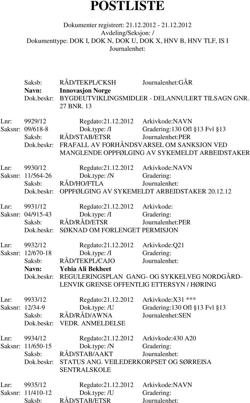 type: /N Gradering: Saksb: RÅD/HO/FTLA Dok.beskr: OPPFØLGING AV SYKEMELDT ARBEIDSTAKER 20.12.12 Lnr: 9931/12 Regdato:21.12.2012 Arkivkode: Saksnr: 04/915-43 Dok.