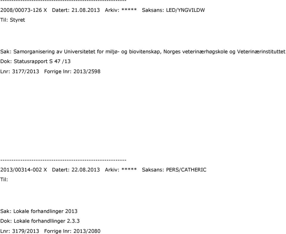 Statusrapport S 47 /13 Lnr: 3177/2013 Forrige lnr: 2013/2598 2013/00314-002 X Datert: 22.08.