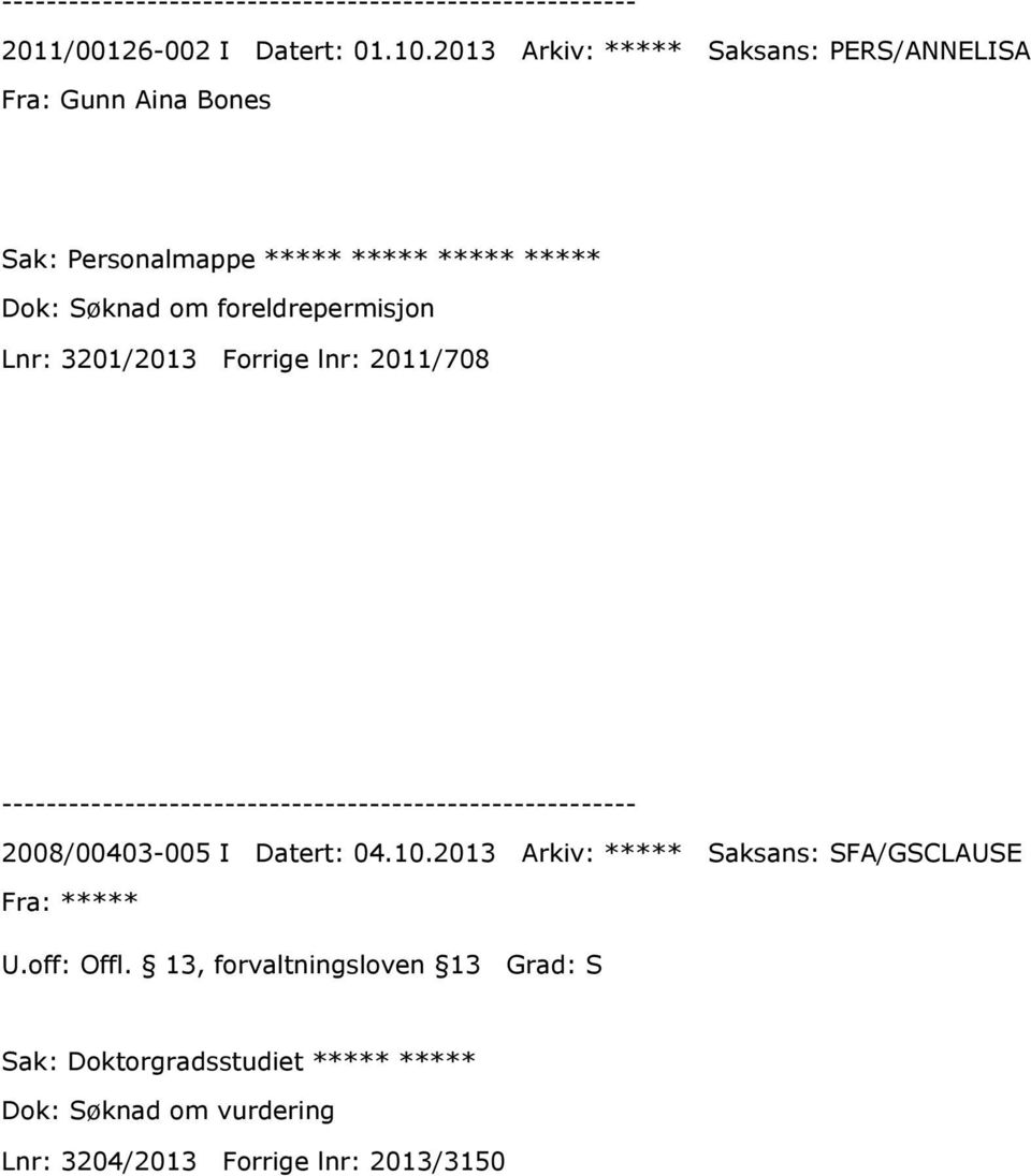 Dok: Søknad om foreldrepermisjon Lnr: 3201/2013 Forrige lnr: 2011/708 2008/00403-005 I Datert: 04.10.