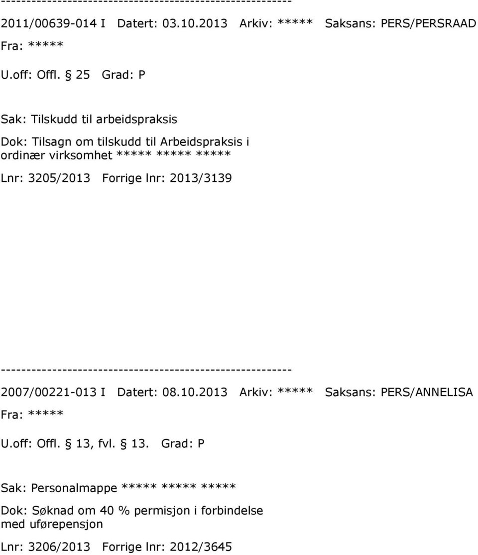 Lnr: 3205/2013 Forrige lnr: 2013/3139 2007/00221-013 I Datert: 08.10.2013 Arkiv: ***** Saksans: PERS/ANNELISA Fra: ***** U.