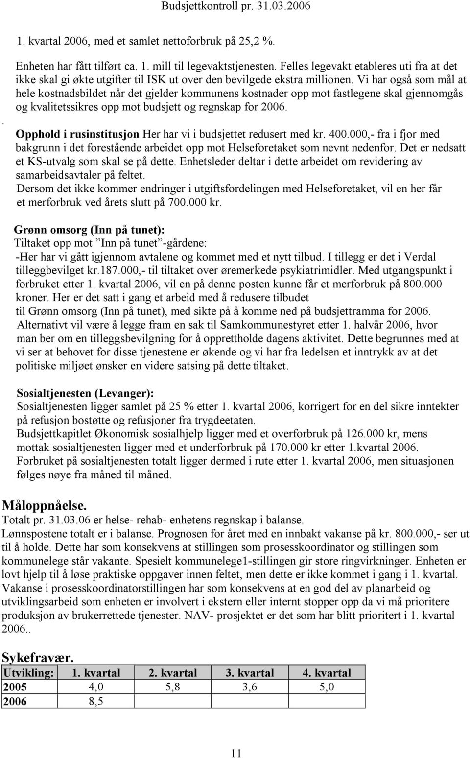 Vi har også som mål at hele kostnadsbildet når det gjelder kommunens kostnader opp mot fastlegene skal gjennomgås og kvalitetssikres opp mot budsjett og regnskap for 2006.