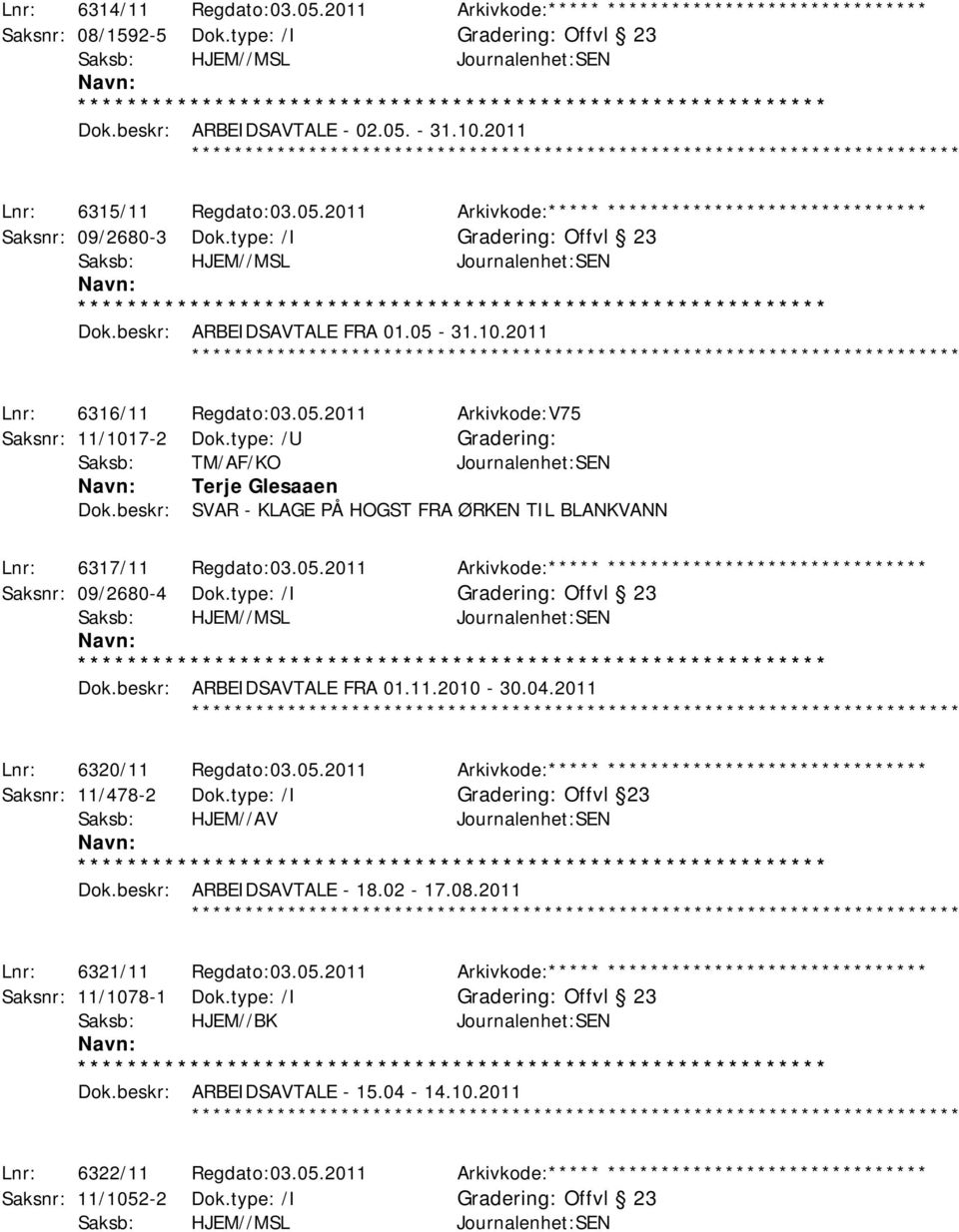 beskr: ARBEIDSAVTALE FRA 01.05-31.10.2011 ************ Lnr: 6316/11 Regdato:03.05.2011 Arkivkode:V75 Saksnr: 11/1017-2 Dok.type: /U Saksb: TM/AF/KO Journalenhet:SEN Terje Glesaaen Dok.