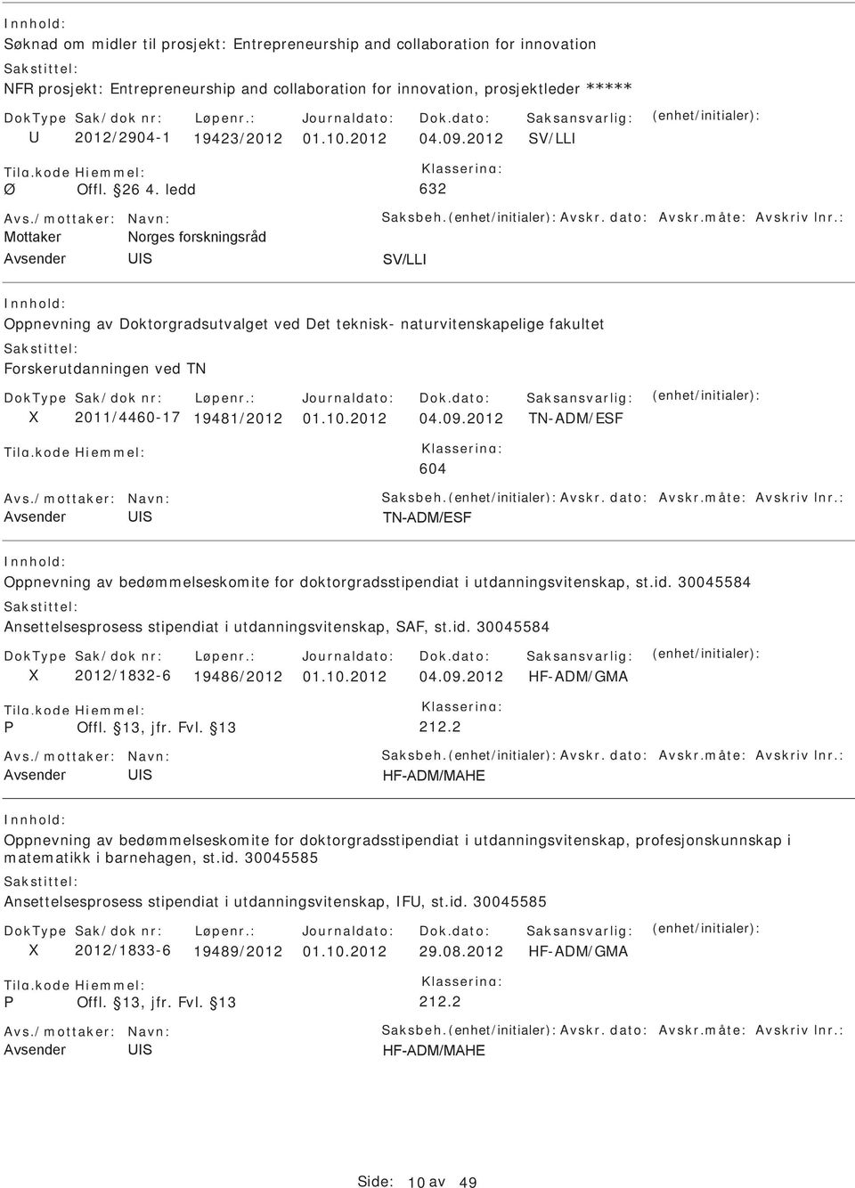 : Oppnevning av Doktorgradsutvalget ved Det teknisk- naturvitenskapelige fakultet Forskerutdanningen ved TN 2011/4460-17 19481/2012 01.10.2012 04.09.2012 TN-ADM/EF 604 Avs./mottaker: Navn: aksbeh.