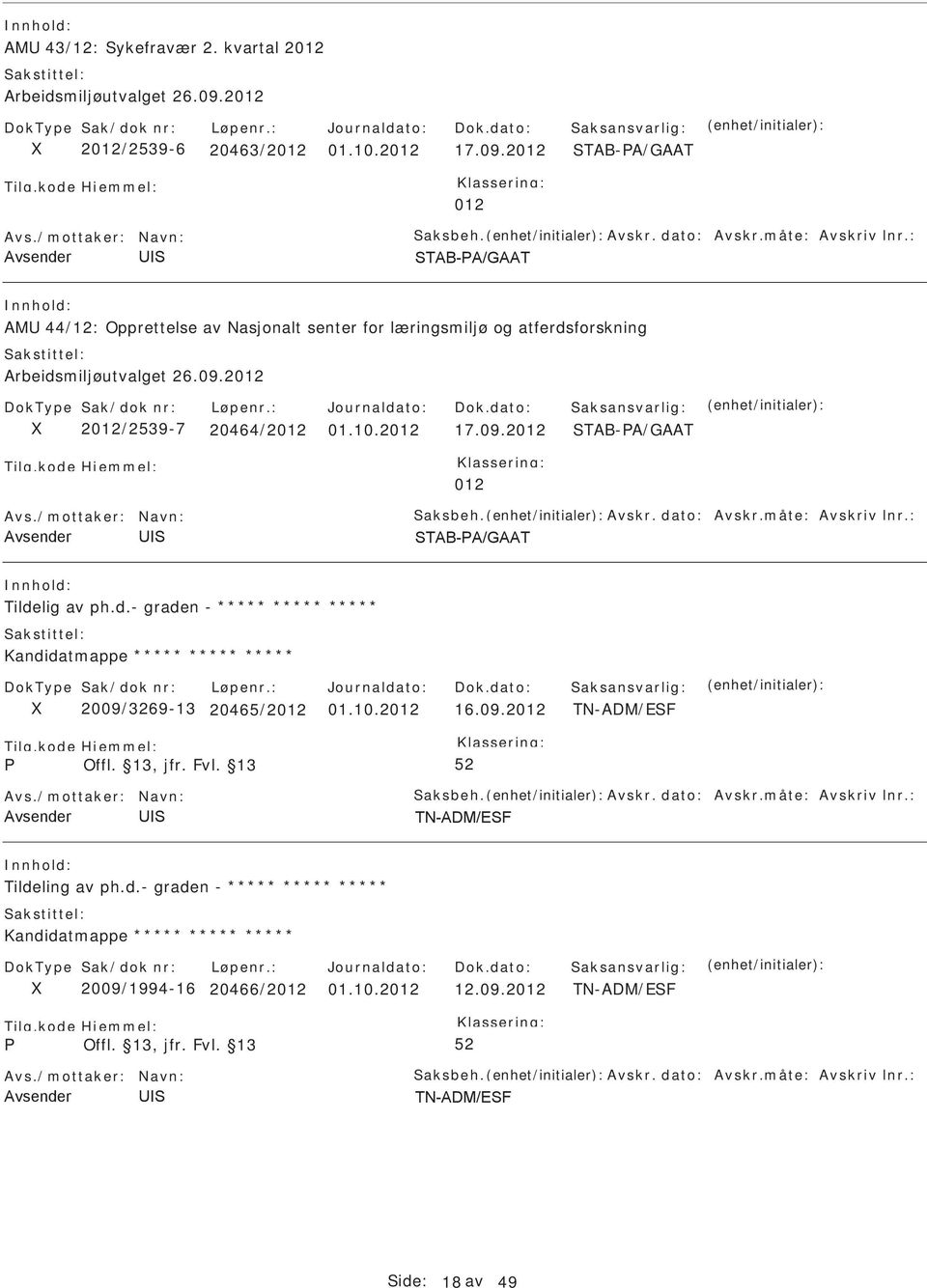 /mottaker: Navn: aksbeh. Avskr. dato: Avskr.måte: Avskriv lnr.: Tildelig av ph.d.- graden - ***** ***** ***** Kandidatmappe ***** ***** ***** 2009/3269-13 20465/2012 01.10.2012 16.09.2012 TN-ADM/EF Avs.