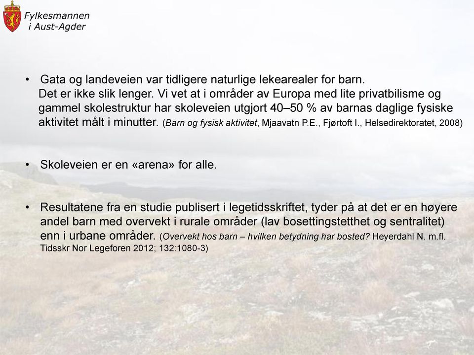 (Barn og fysisk aktivitet, Mjaavatn P.E., Fjørtoft I., Helsedirektoratet, 2008) Skoleveien er en «arena» for alle.