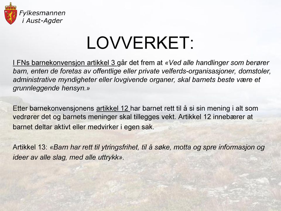 » Etter barnekonvensjonens artikkel 12 har barnet rett til å si sin mening i alt som vedrører det og barnets meninger skal tillegges vekt.