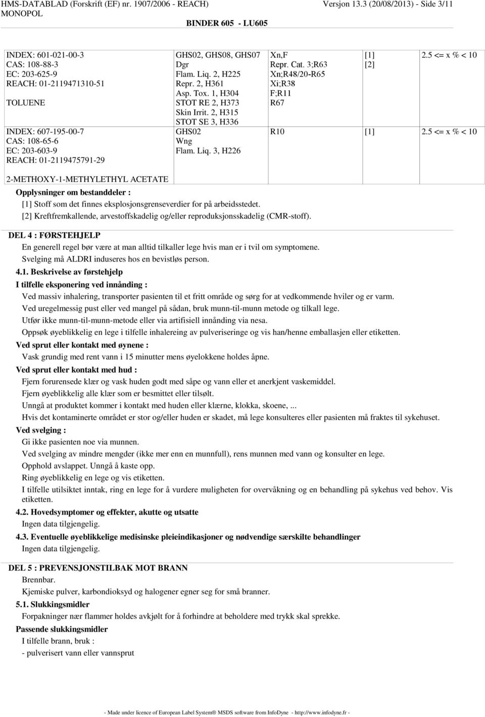 Dgr Flam. Liq. 2, H225 Repr. 2, H361 Asp. Tox. 1, H304 STOT RE 2, H373 Skin Irrit. 2, H315 STOT SE 3, H336 GHS02 Wng Flam. Liq. 3, H226 Xn,F Repr. Cat. 3;R63 Xn;R48/20-R65 Xi;R38 F;R11 R67 [1] [2] 2.