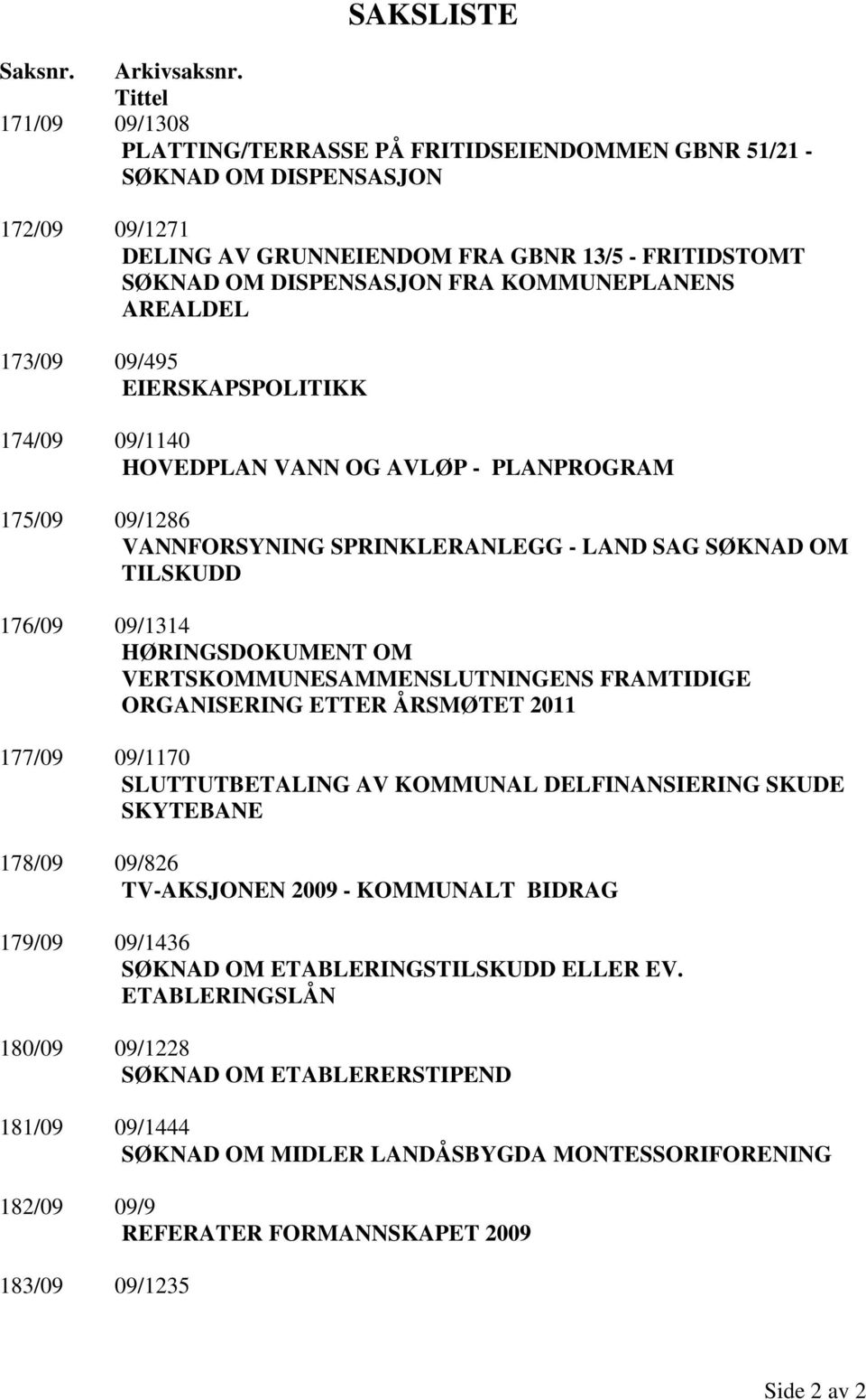 KOMMUNEPLANENS AREALDEL 173/09 09/495 EIERSKAPSPOLITIKK 174/09 09/1140 HOVEDPLAN VANN OG AVLØP - PLANPROGRAM 175/09 09/1286 VANNFORSYNING SPRINKLERANLEGG - LAND SAG SØKNAD OM TILSKUDD 176/09 09/1314