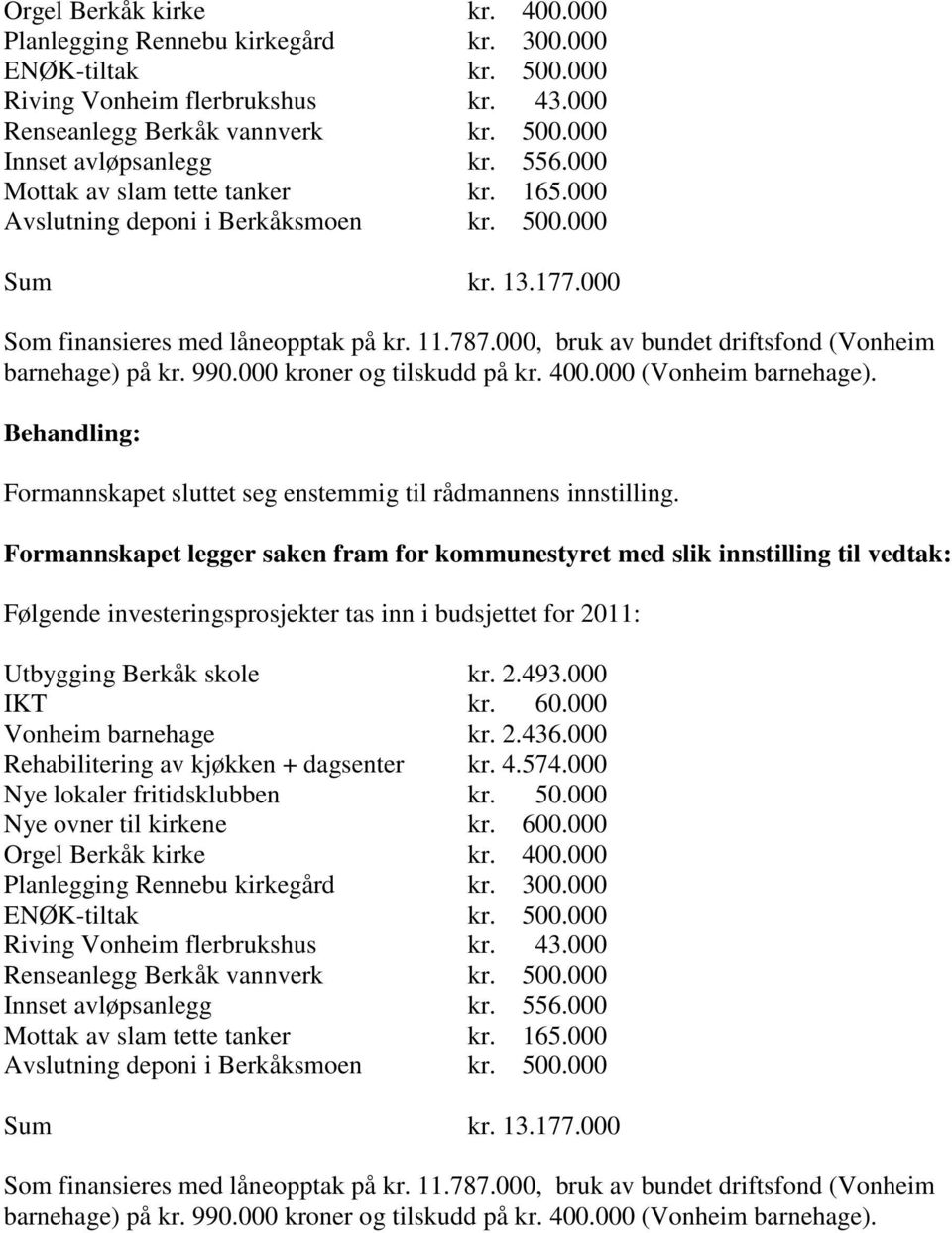 000, bruk av bundet driftsfond (Vonheim barnehage) på kr. 990.000 kroner og tilskudd på kr. 400.000 (Vonheim barnehage). Formannskapet sluttet seg enstemmig til rådmannens innstilling.