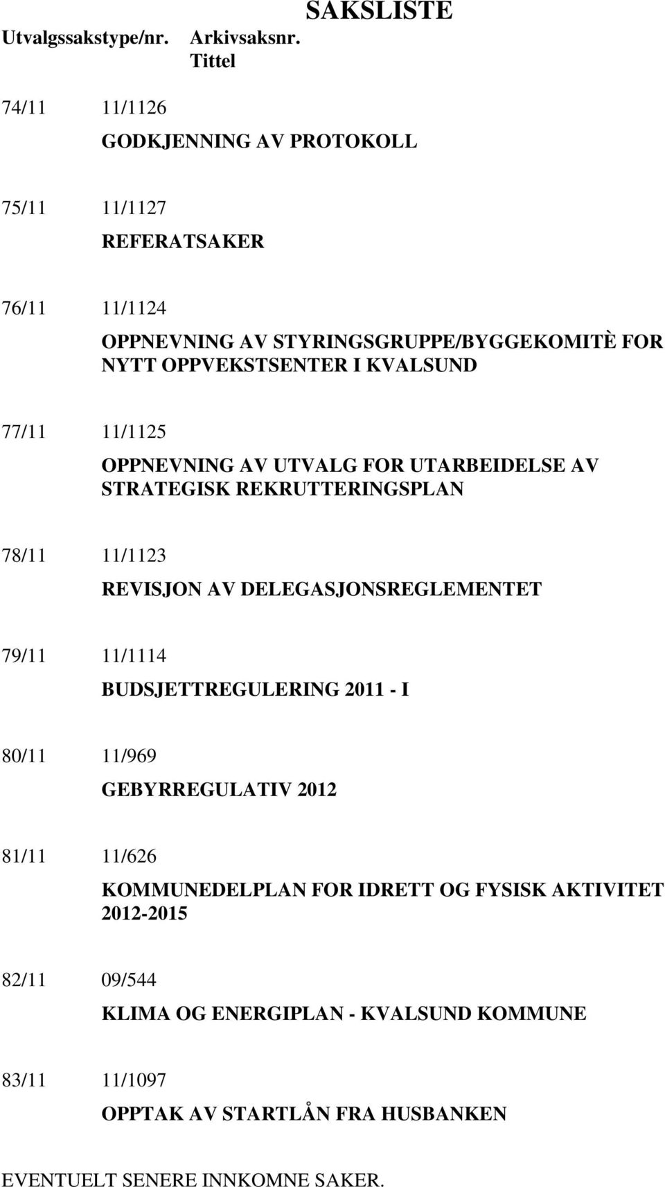 OPPVEKSTSENTER I KVALSUND 77/11 11/1125 OPPNEVNING AV UTVALG FOR UTARBEIDELSE AV STRATEGISK REKRUTTERINGSPLAN 78/11 11/1123 REVISJON AV