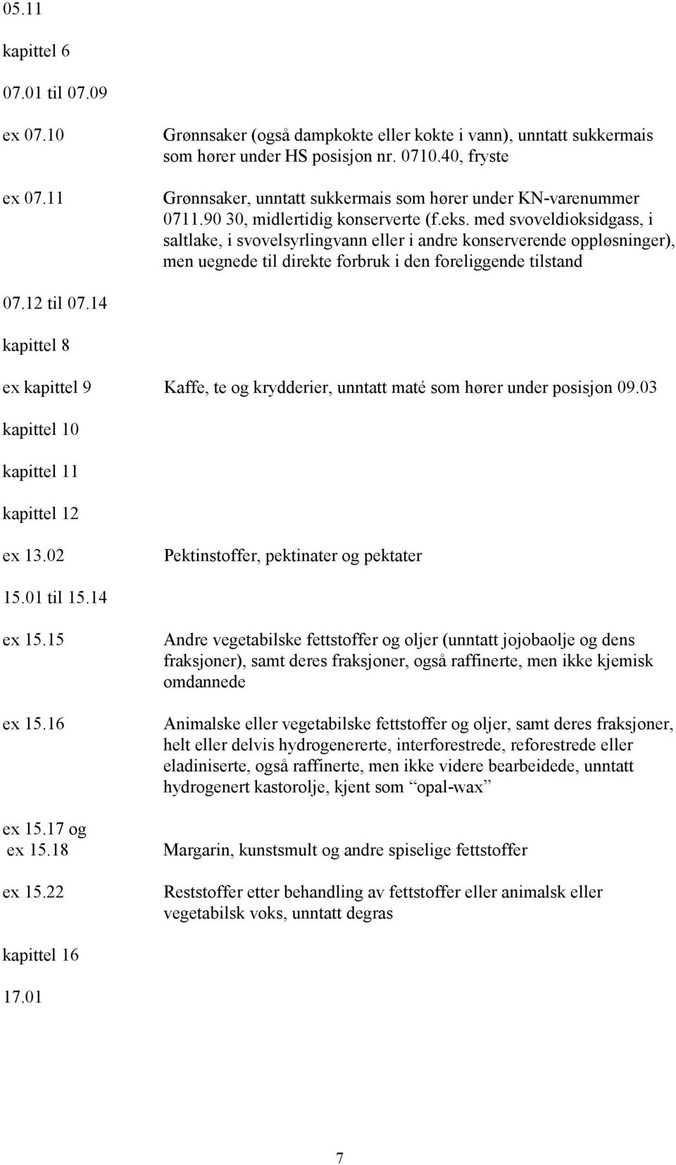 med svoveldioksidgass, i saltlake, i svovelsyrlingvann eller i andre konserverende oppløsninger), men uegnede til direkte forbruk i den foreliggende tilstand 07.12 til 07.