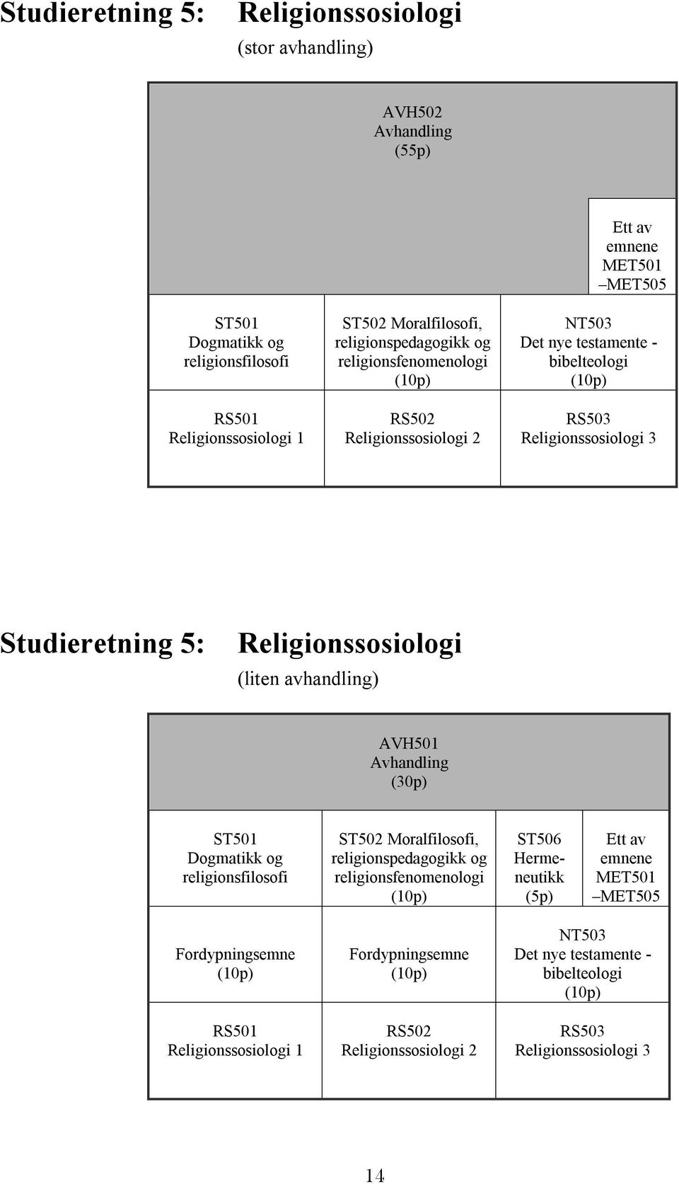 Religionssosiologi (liten avhandling) AVH501 Avhandling (30p) ST501 Dogmatikk og religionsfilosofi ST502 Moralfilosofi, religionspedagogikk og religionsfenomenologi (10p) ST506