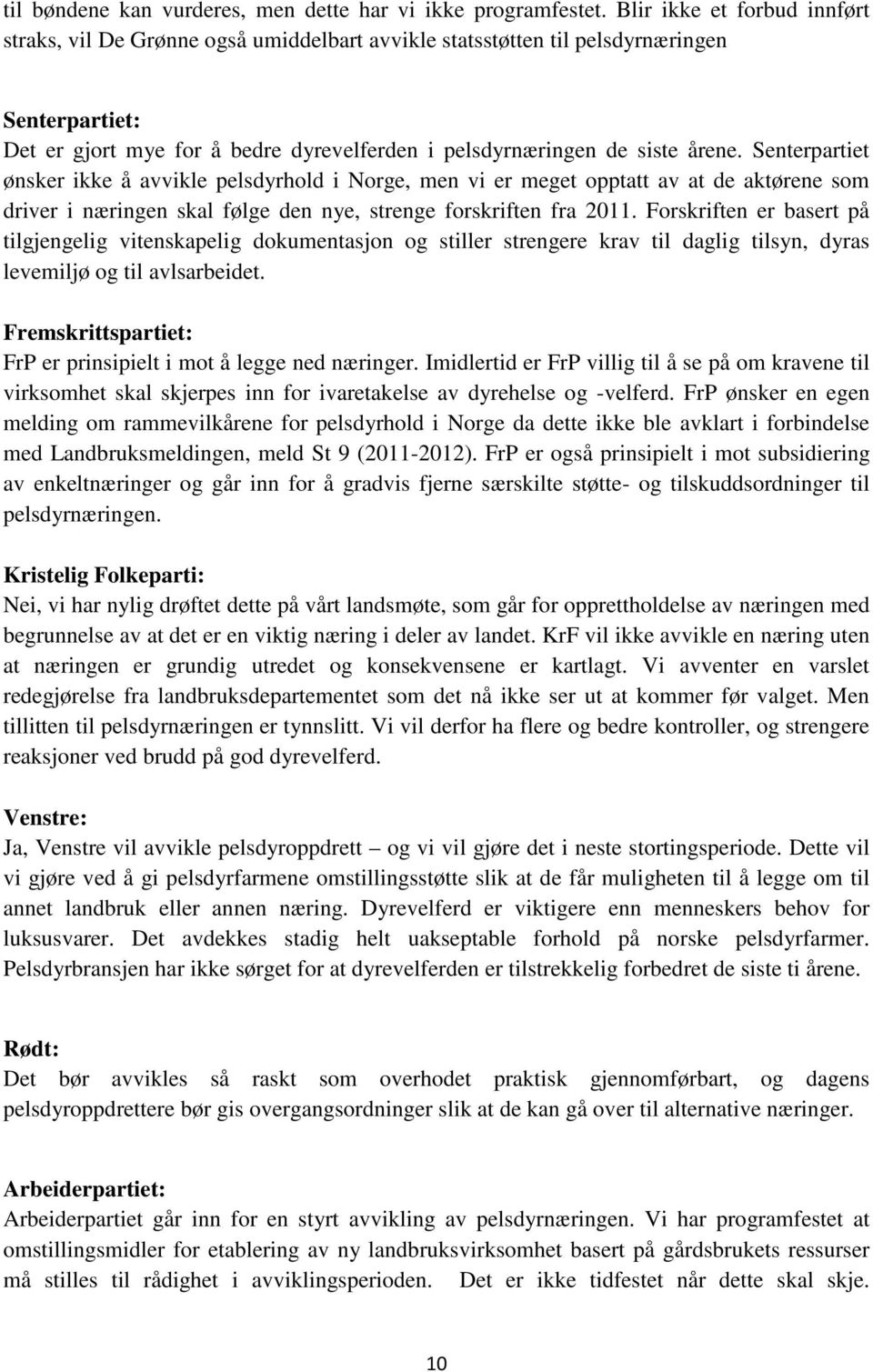 Senterpartiet ønsker ikke å avvikle pelsdyrhold i Norge, men vi er meget opptatt av at de aktørene som driver i næringen skal følge den nye, strenge forskriften fra 2011.