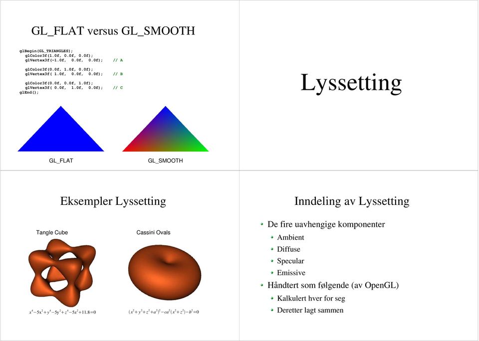 8=0 Cassini Ovals x 2 y 2 z 2 a 2 2 ca 2 x 2 z 2 b 2 =0 De fire uavhengige komponenter Ambient Diffuse Specular Emissive Håndtert som