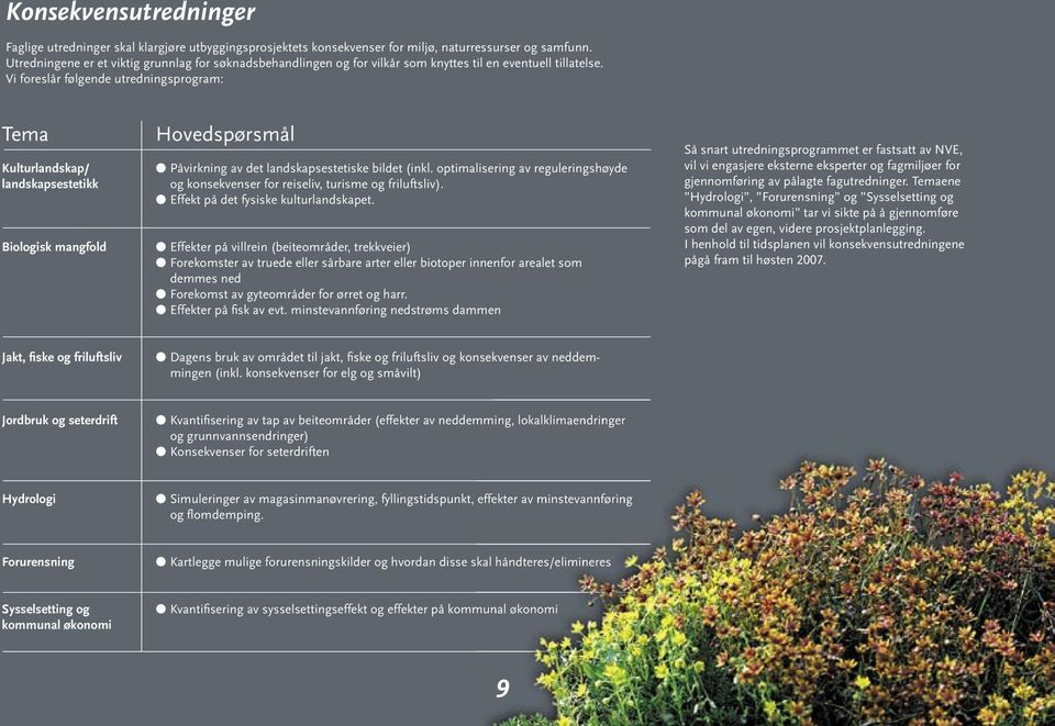 Vi foreslår følgende utredningsprogram: Tema Kulturlandskap/ landskapsestetikk Biologisk mangfold Hovedspørsmål Påvirkning av det landskapsestetiske bildet (inkl.