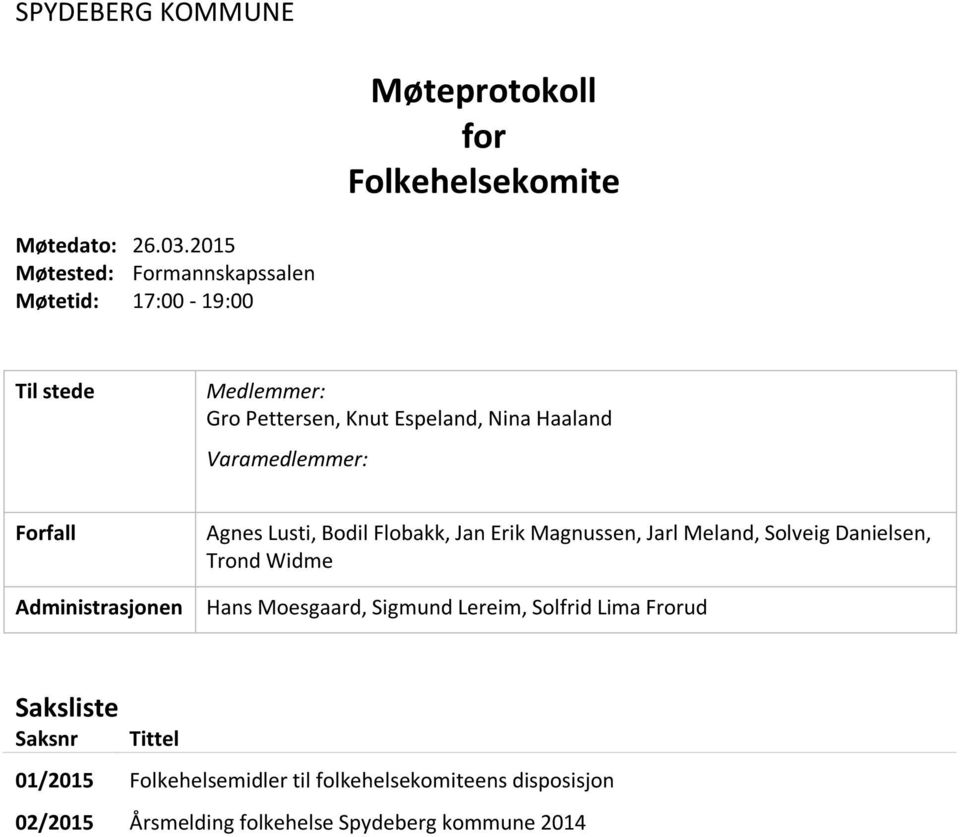 Varamedlemmer: Forfall Administrasjonen Agnes Lusti, Bodil Flobakk, Jan Erik Magnussen, Jarl Meland, Solveig Danielsen,
